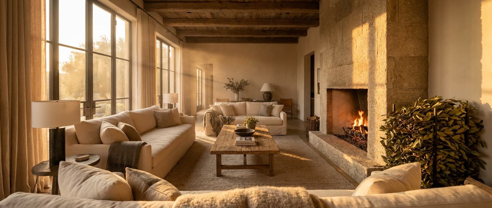 Bûches de bois de laurier élégamment disposées près d'une cheminée moderne dans un salon chaleureux