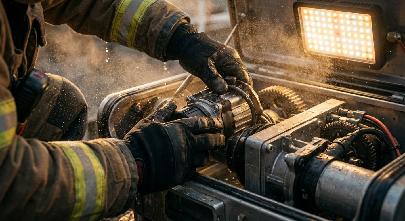 Main de technicien installant une pompe de filtration dans le bloc technique d'une piscine.