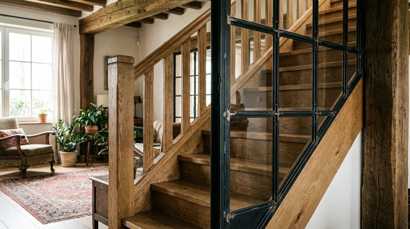 Porte de style industriel verrière atelier en métal noir fermant l'accès à un escalier