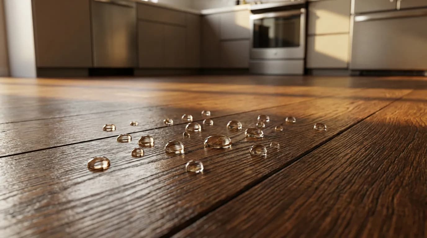 Gros plan sur des gouttes d'eau perlantes sur un parquet de cuisine vitrifié montrant son étanchéité