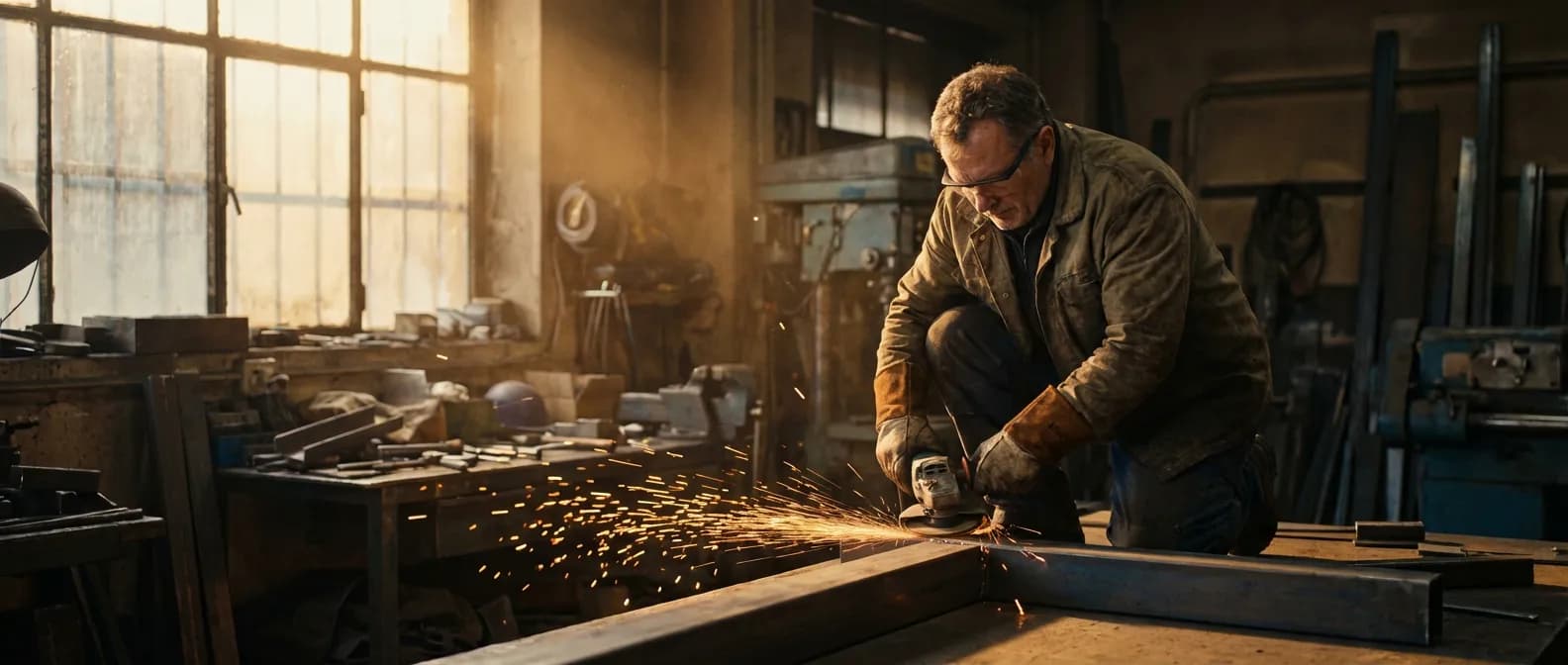 Ouvrier professionnel utilisant une meuleuse d'angle en toute sécurité dans un atelier moderne, vue cinématographique.