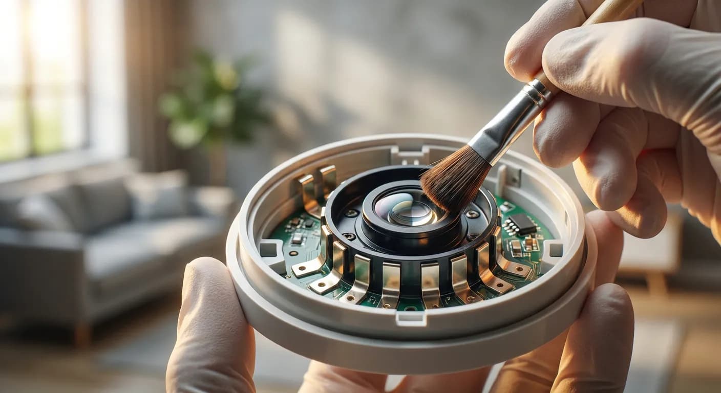 Gros plan sur l'entretien technique d'un détecteur de fumée