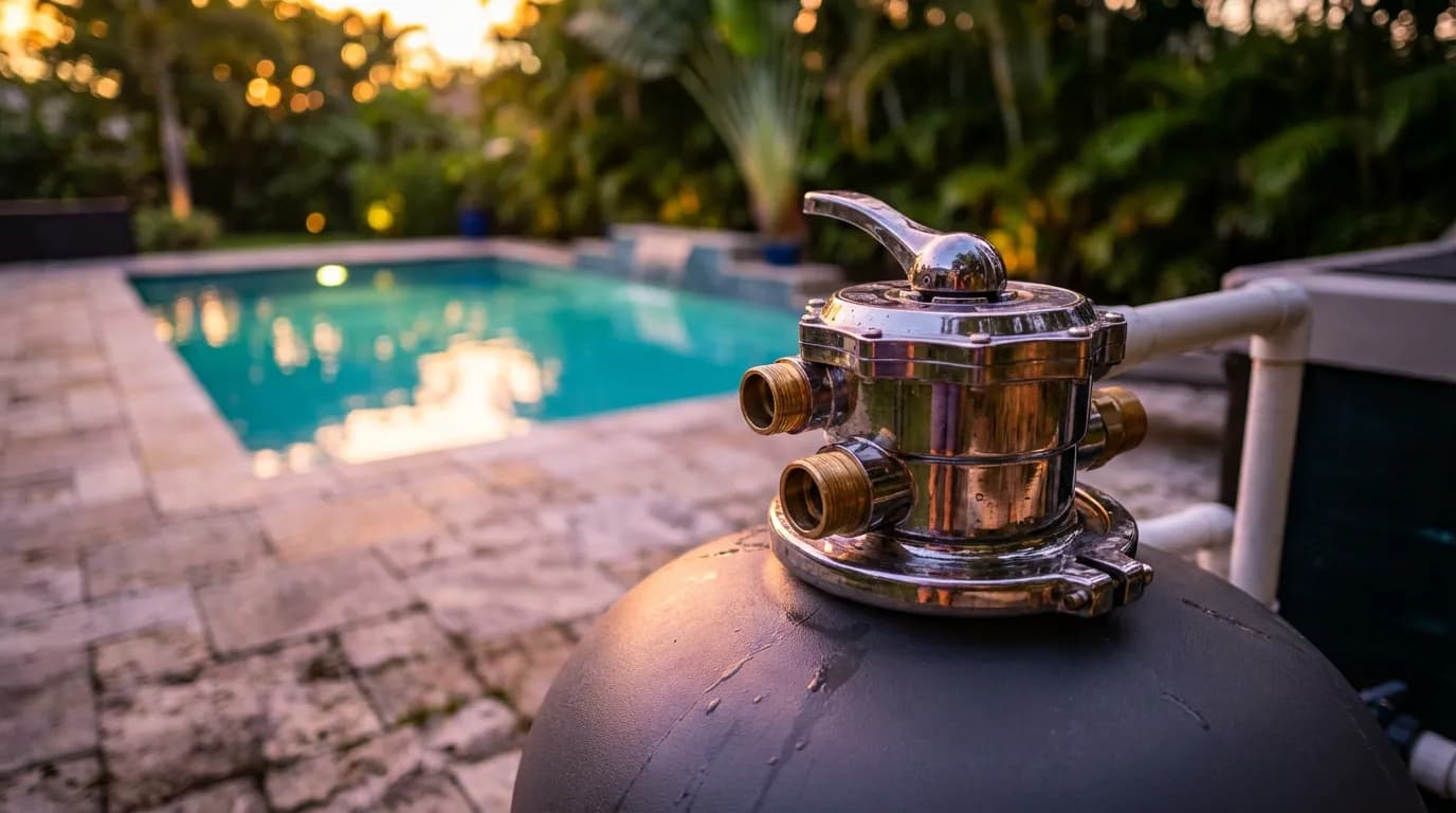 Vue panoramique d'une vanne 6 voies sur filtre à sable au bord d'une piscine de luxe au coucher du soleil