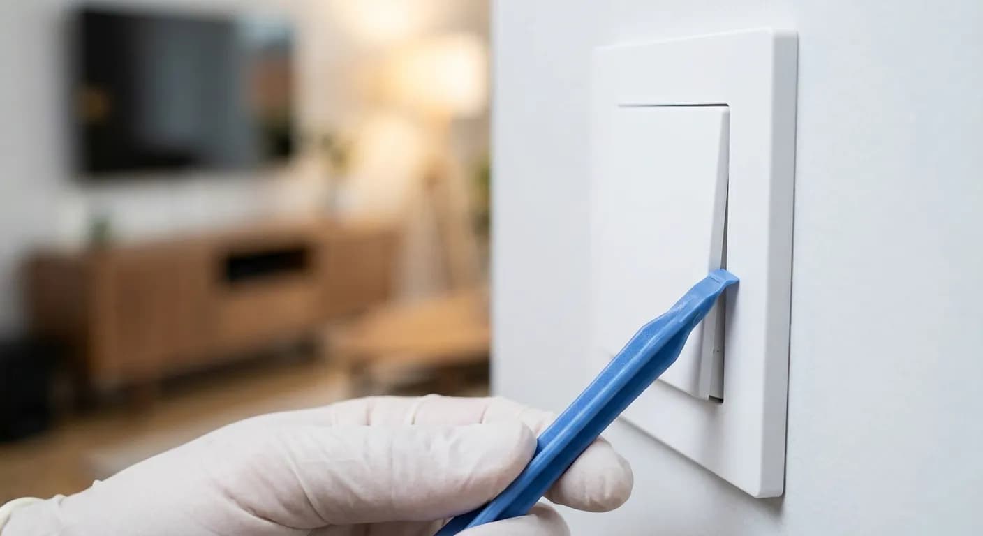 Gros plan sur le démontage délicat d'une plaque d'interrupteur avec un outil de précision.