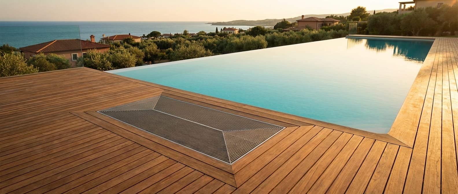 Piscine de luxe au coucher du soleil avec un système de filtration moderne intégré à une terrasse en bois.