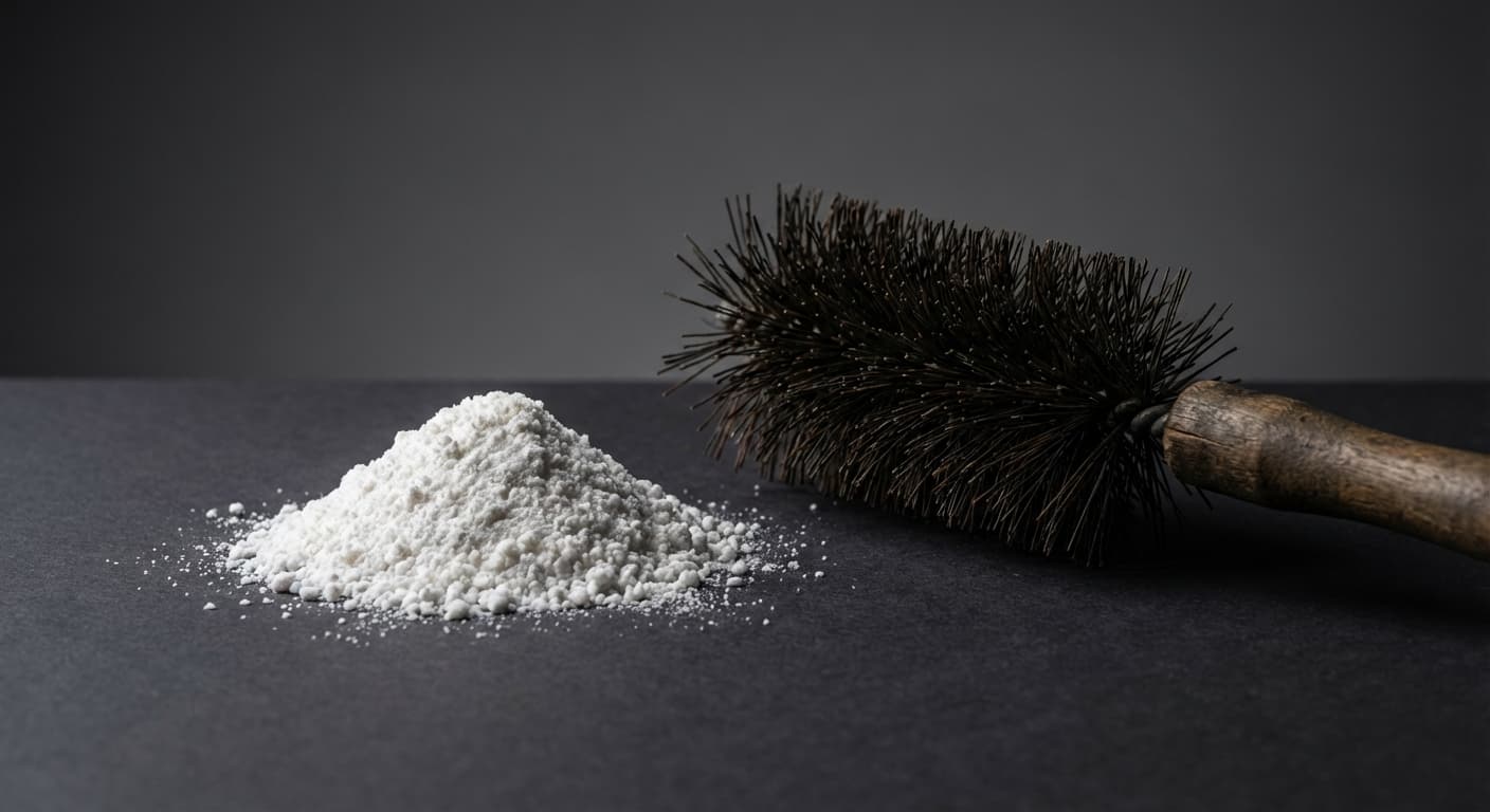 Poudre naturelle et brosse de ramonage sur fond sombre.