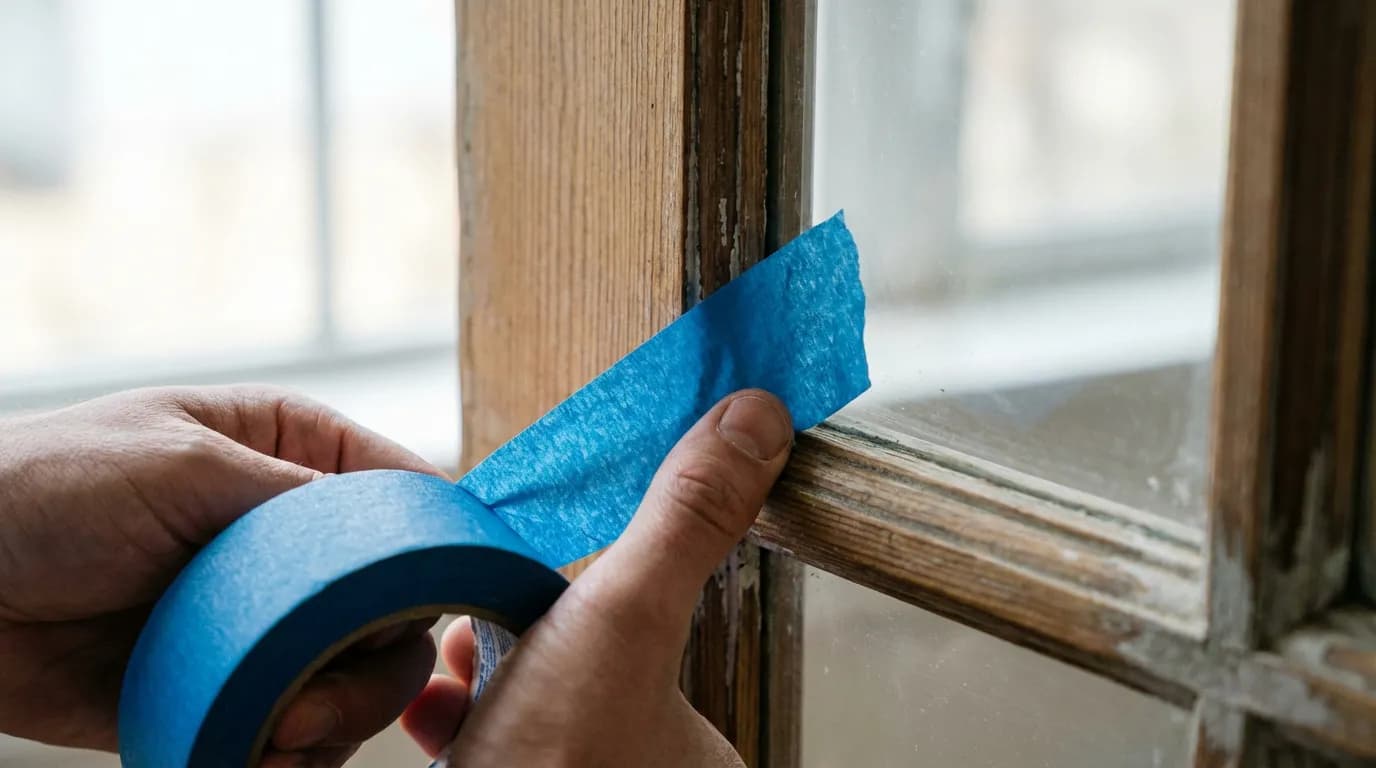 Application de ruban de masquage sur les vitres d'une porte avant peinture