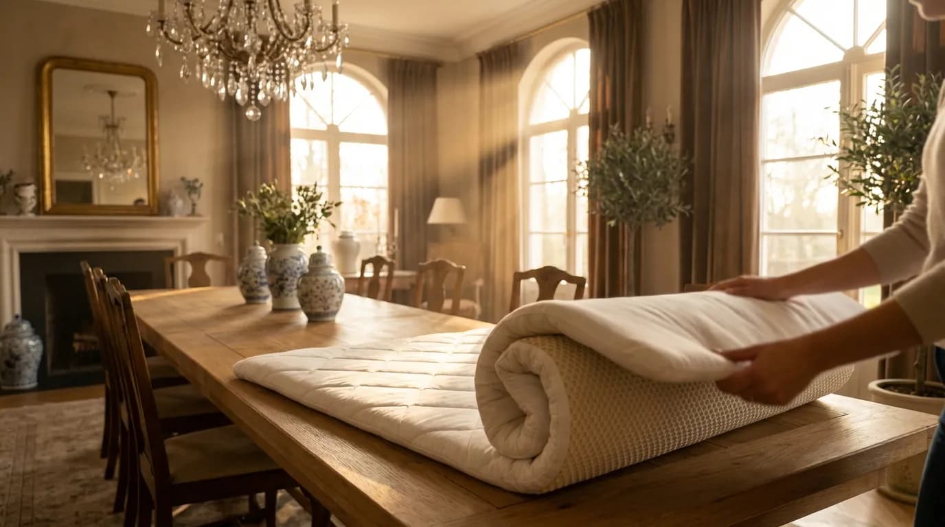 Installation d'un bulgomme blanc sur une table en chêne massif dans une salle à manger lumineuse