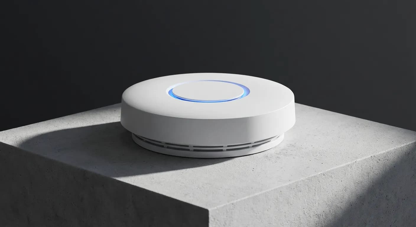 Gros plan iconique d'un détecteur de fumée blanc sur fond épuré