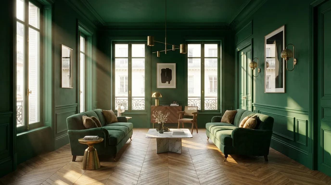 Salon élégant avec murs et plinthes peints en vert émeraude pour un effet de hauteur sous plafond