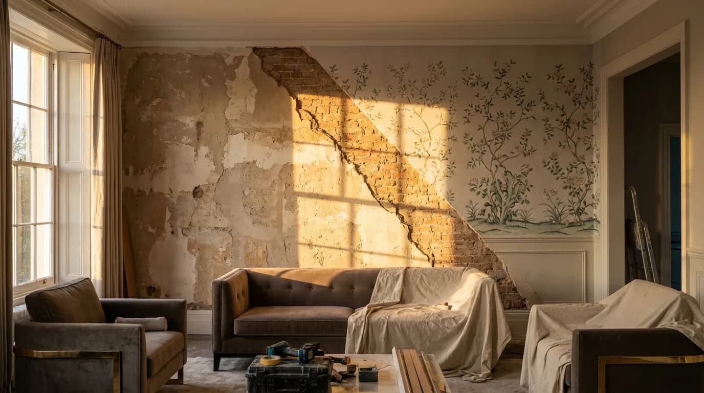 Vue d'un salon moderne avec un mur en cours de rénovation montrant la transition entre le crépi et le papier peint lisse