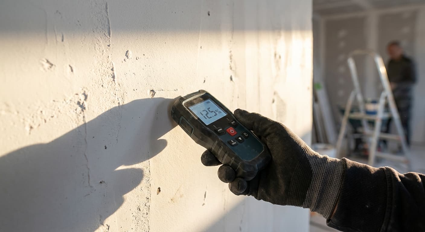 Mesure du taux d'humidité d'un mur en placo avec un humidimètre