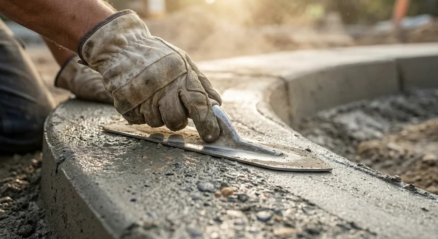 Illustration d'une personne lissant du béton pour une rampe de trottoir de voiture, capturant l'action.