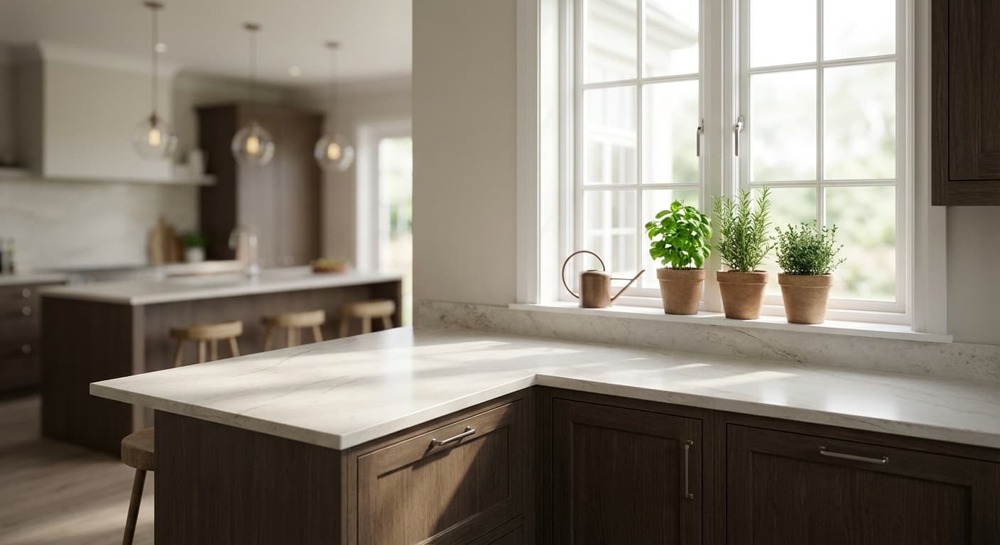 Détail d'un plan de travail et d'un rebord de fenêtre dans une cuisine aménagée en U