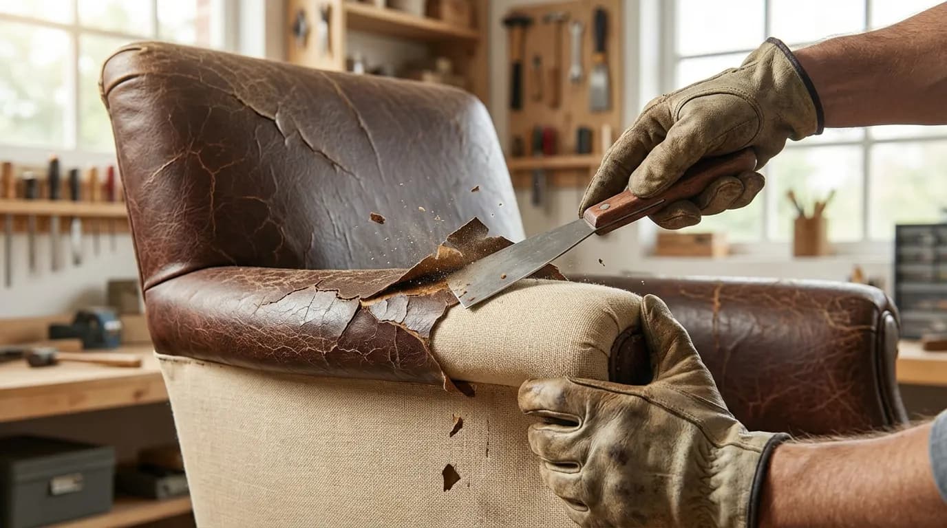 Utilisation d'une spatule pour retirer le simili cuir abîmé d'un meuble