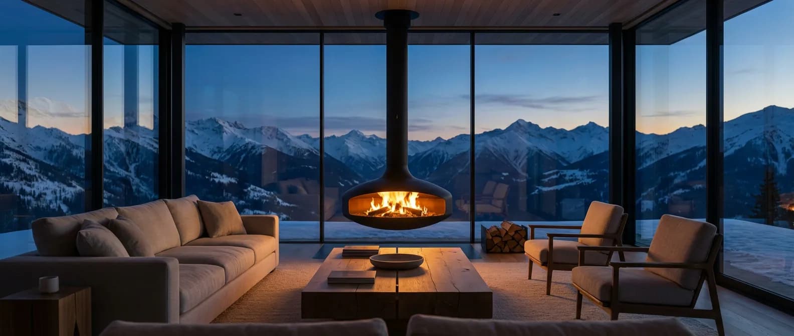 Poêle à bois suspendu France Turbo dans un salon de luxe contemporain avec vue sur la montagne.