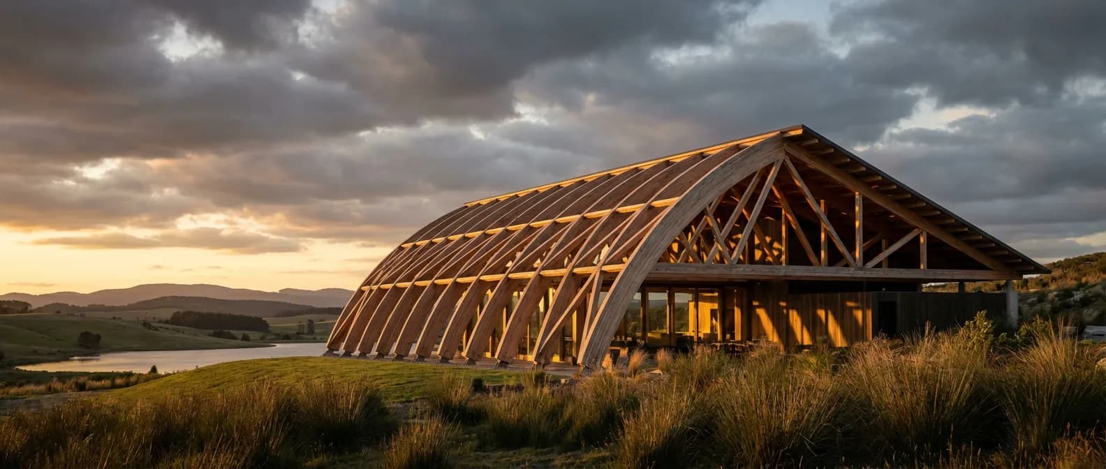 Magnifique charpente demi-ferme en bois sur une maison moderne au coucher du soleil