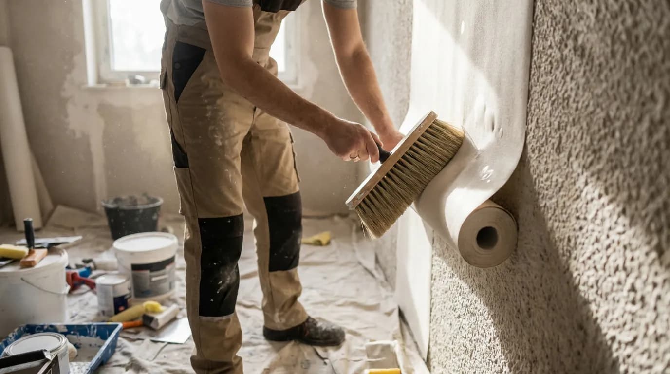 Application d'un voile de verre de rénovation pour lisser un mur en crépi avant décoration