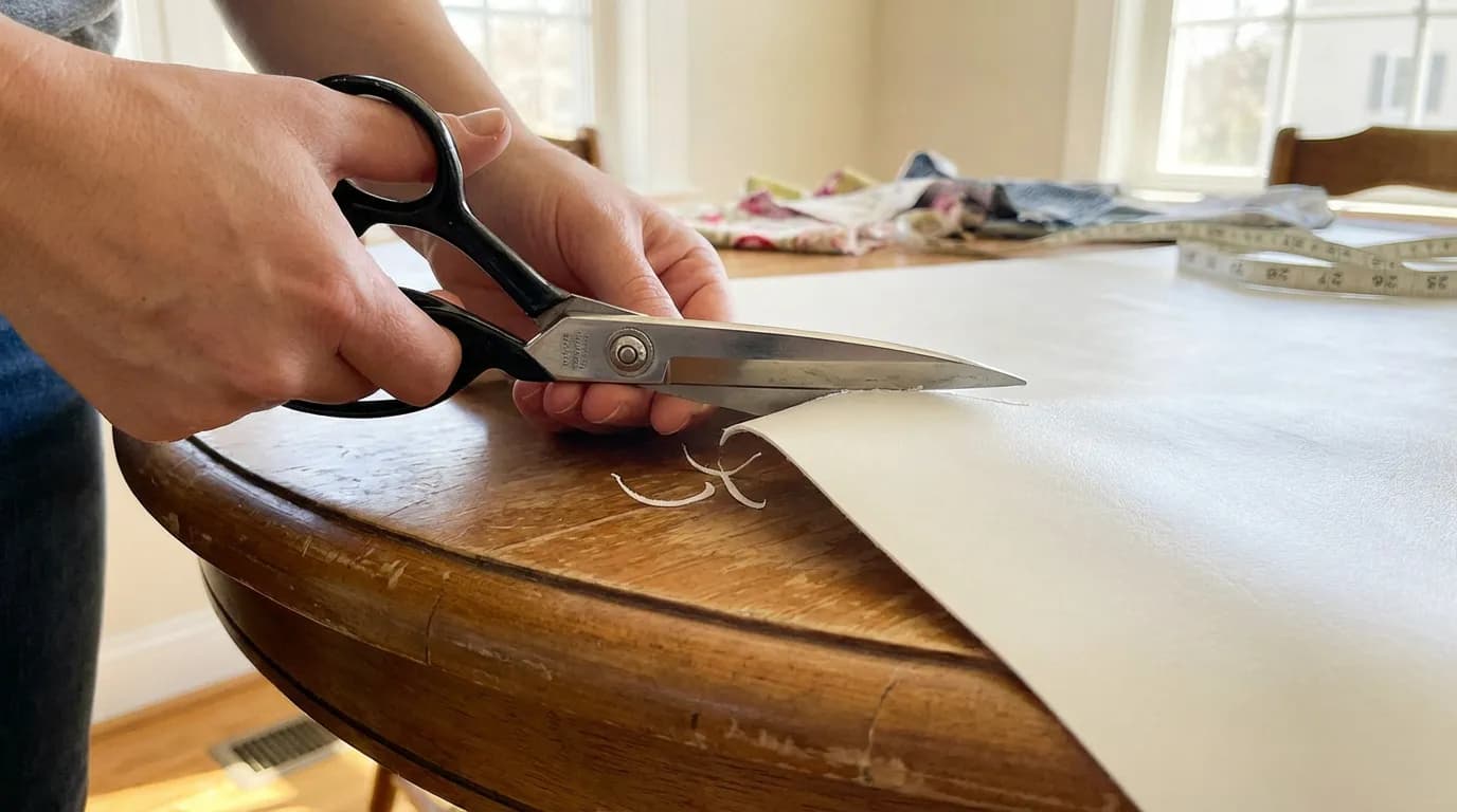 Découpe précise aux ciseaux d'un sous-nappe bulgomme pour s'adapter à une table ronde