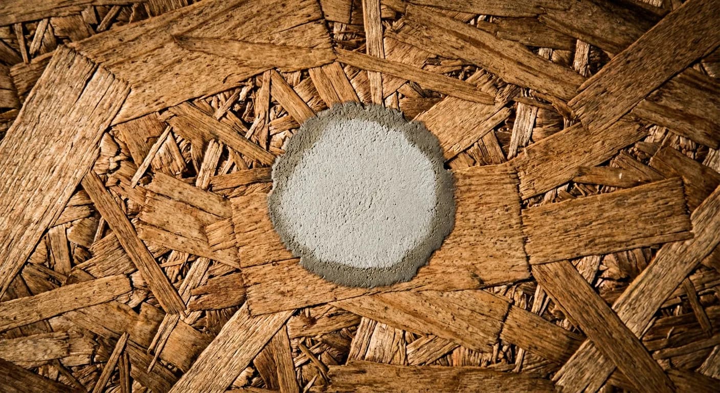 Gros plan contrasté d'un panneau OSB avec une touche d'enduit extérieur.