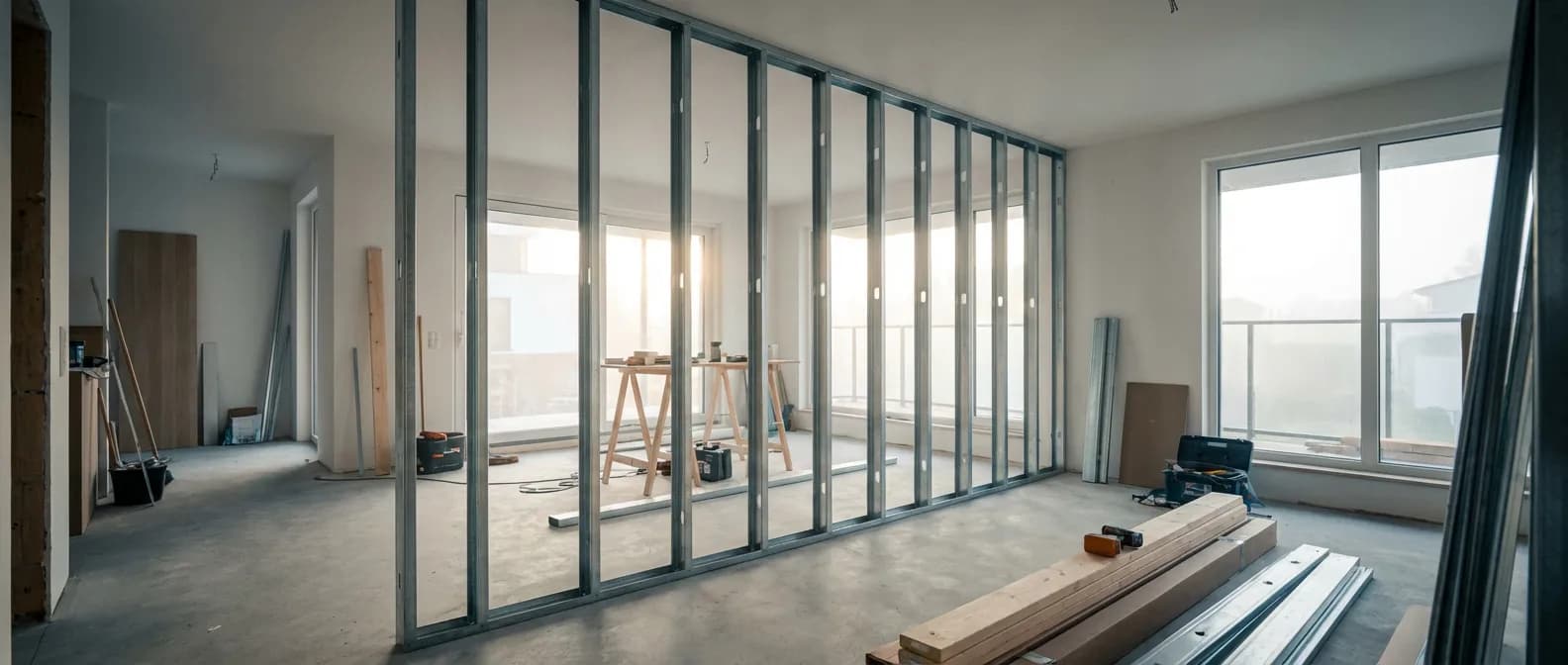 Vue cinématographique d'un chantier de rénovation avec ossature métallique pour placo polystyrène.