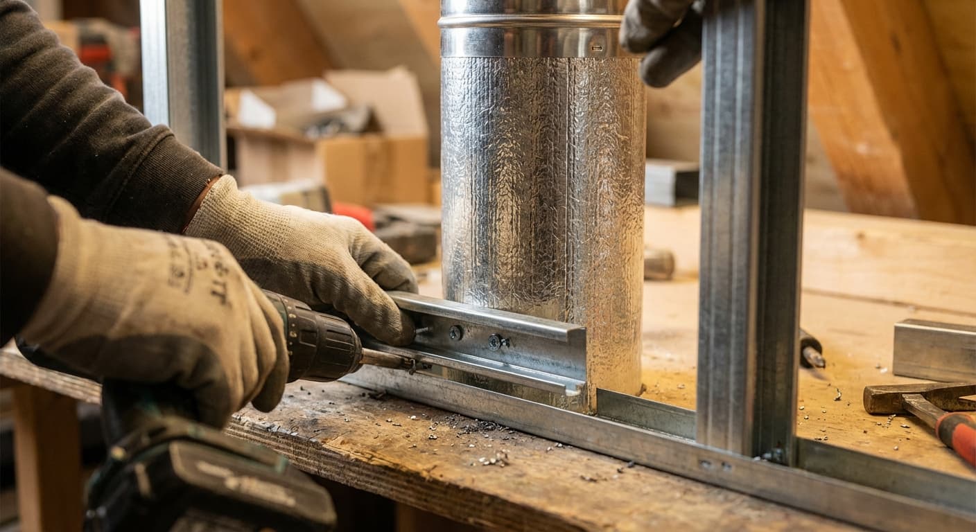 Mise en place de l'ossature métallique pour le coffrage d'un conduit de poêle.