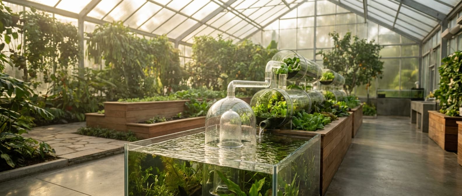 Installation de siphon cloche dans un système hydroponique de luxe baigné de lumière naturelle.