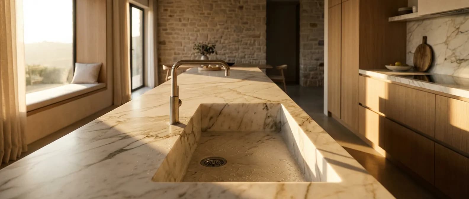 Vue cinématique d'une cuisine de luxe avec un plan de travail en marbre, mettant en lumière la distance optimale entre l'évier et le bord pour un design impeccable.