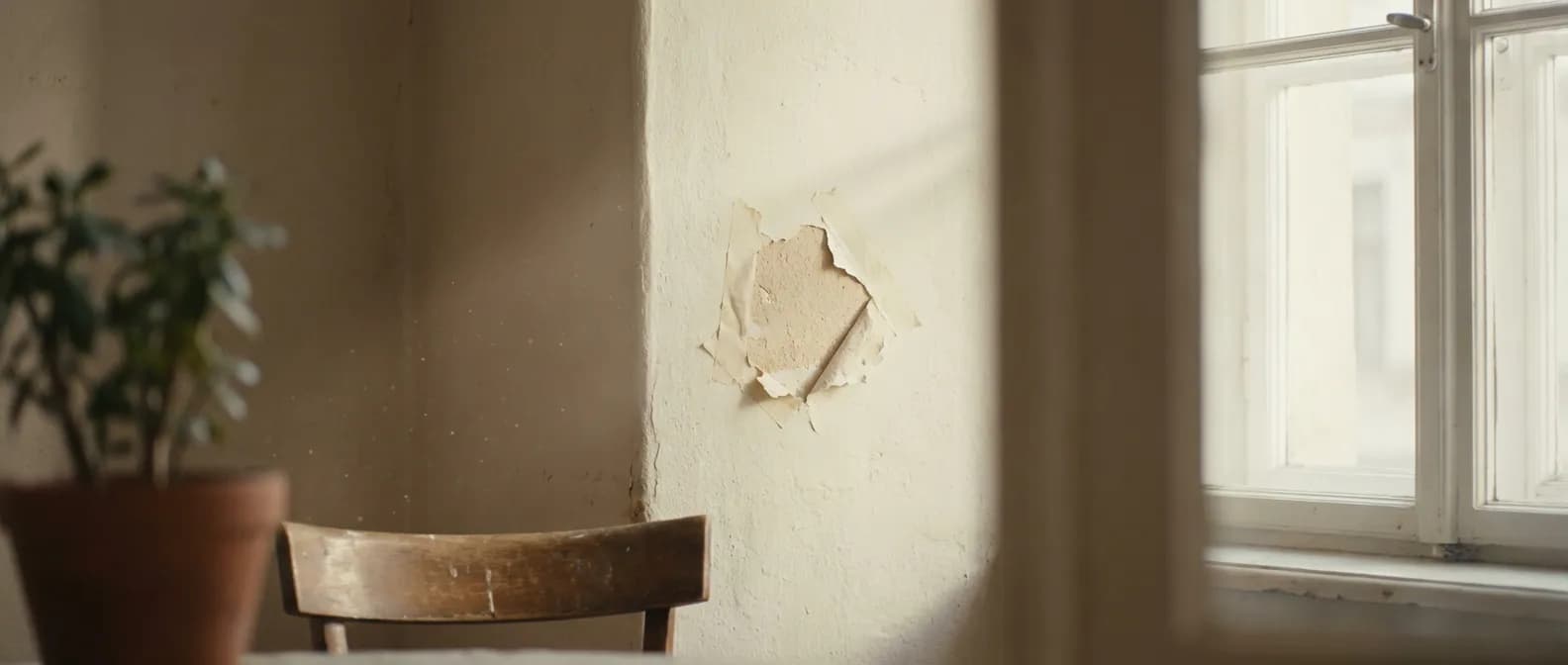 Une peinture murale subtilement arrachée par du scotch, prête à être réparée, avec un éclairage doux.