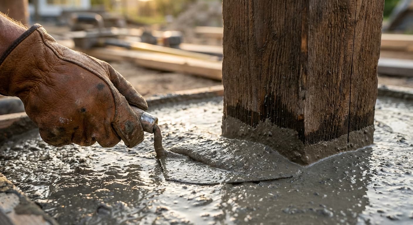 Scellement d'un poteau en bois avec du béton frais