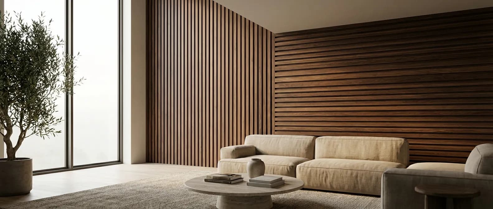 Photo en gros plan d'un mur avec lambris en bois montrant une pose verticale et horizontale pour illustrer l'impact visuel et le choix de design. Pose lambris vertical ou horizontal, décoration intérieure.