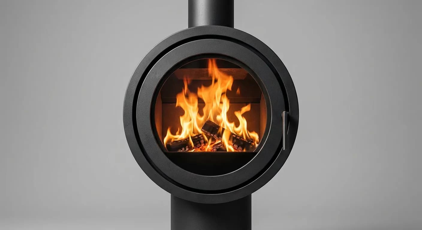 Gros plan sur les flammes d'un poêle à bois design France Turbo.