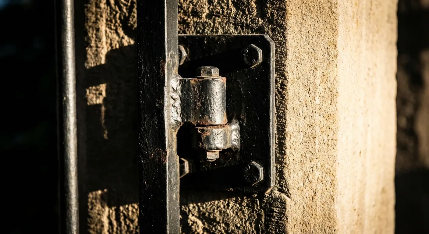 Gros plan iconique sur le gond d'un portail en fer noir et son mécanisme