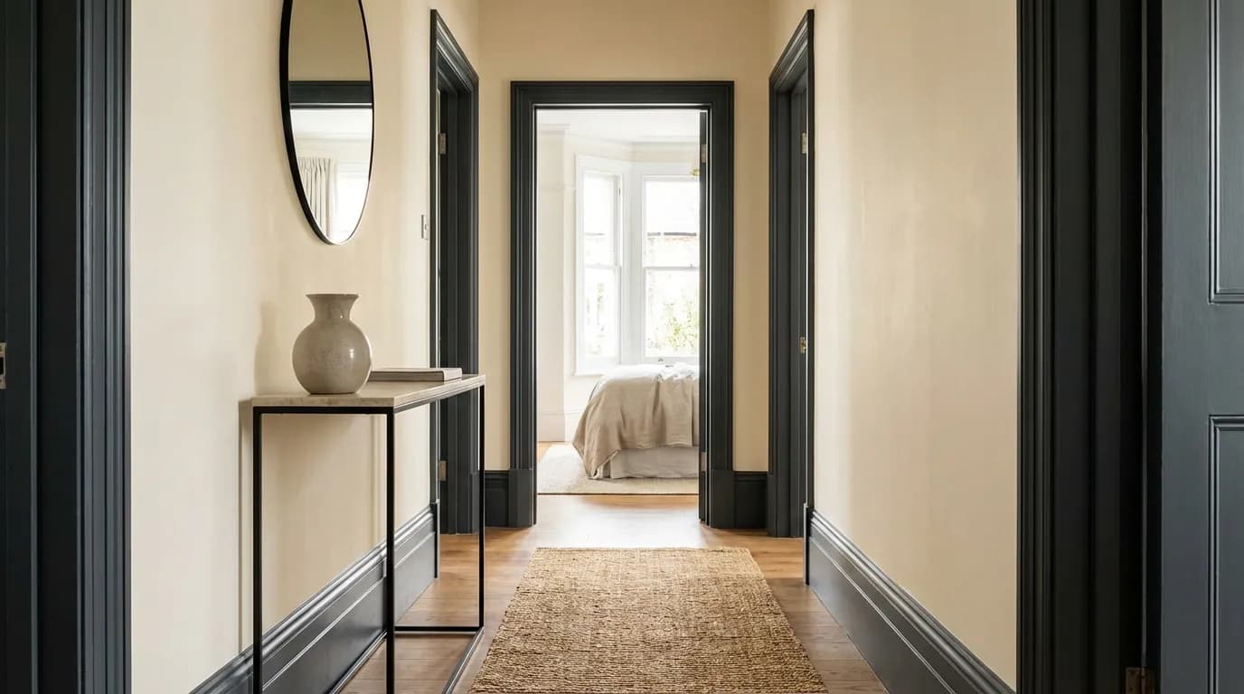 Couloir moderne illustrant la tendance des plinthes plus foncées que les murs clairs