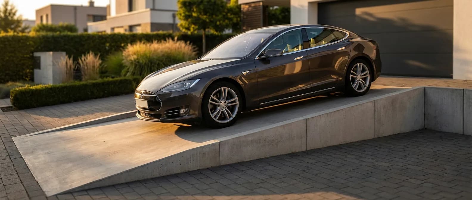 Image de bannière présentant une voiture moderne montant une rampe de trottoir en béton, avec un éclairage de coucher de soleil.