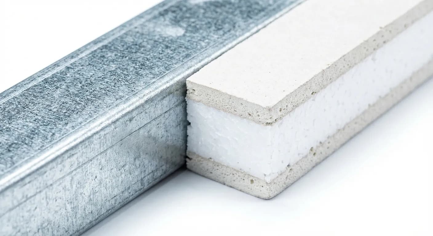 Gros plan minimaliste d'un rail métallique et d'une plaque de placo polystyrène.