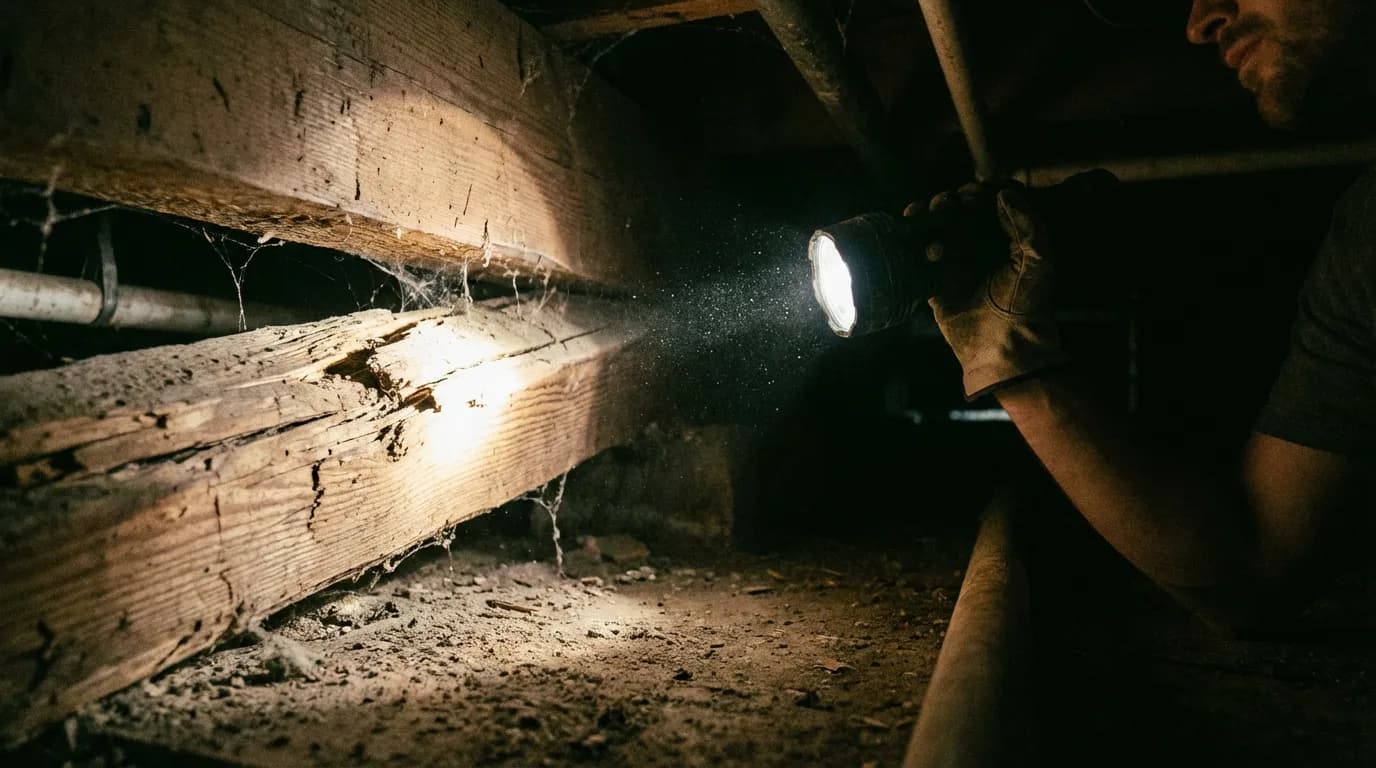 Expert inspectant une poutre en bois fissurée dans une cave à la lampe de poche, illustrant un danger structurel.