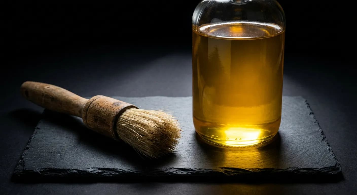 Flacon d'huile de lin dorée et pinceau de précision sur carrelage