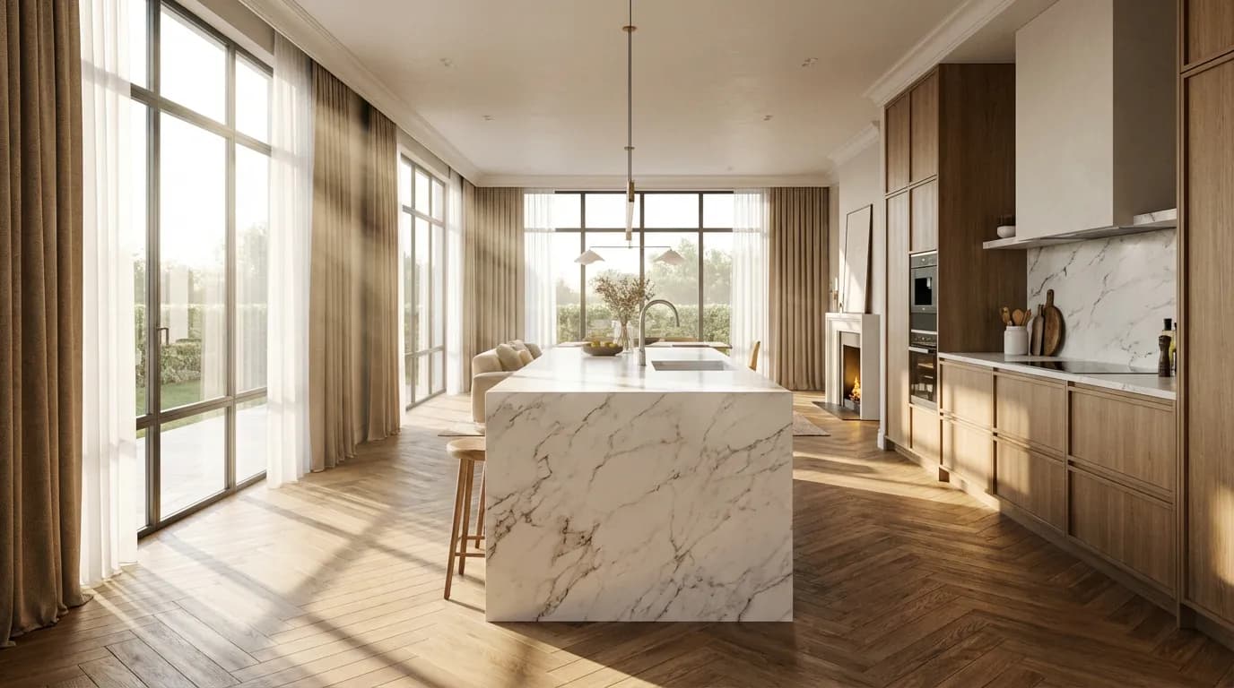 Cuisine ouverte moderne et luxueuse avec un sol en parquet chêne point de Hongrie baignée de lumière naturelle