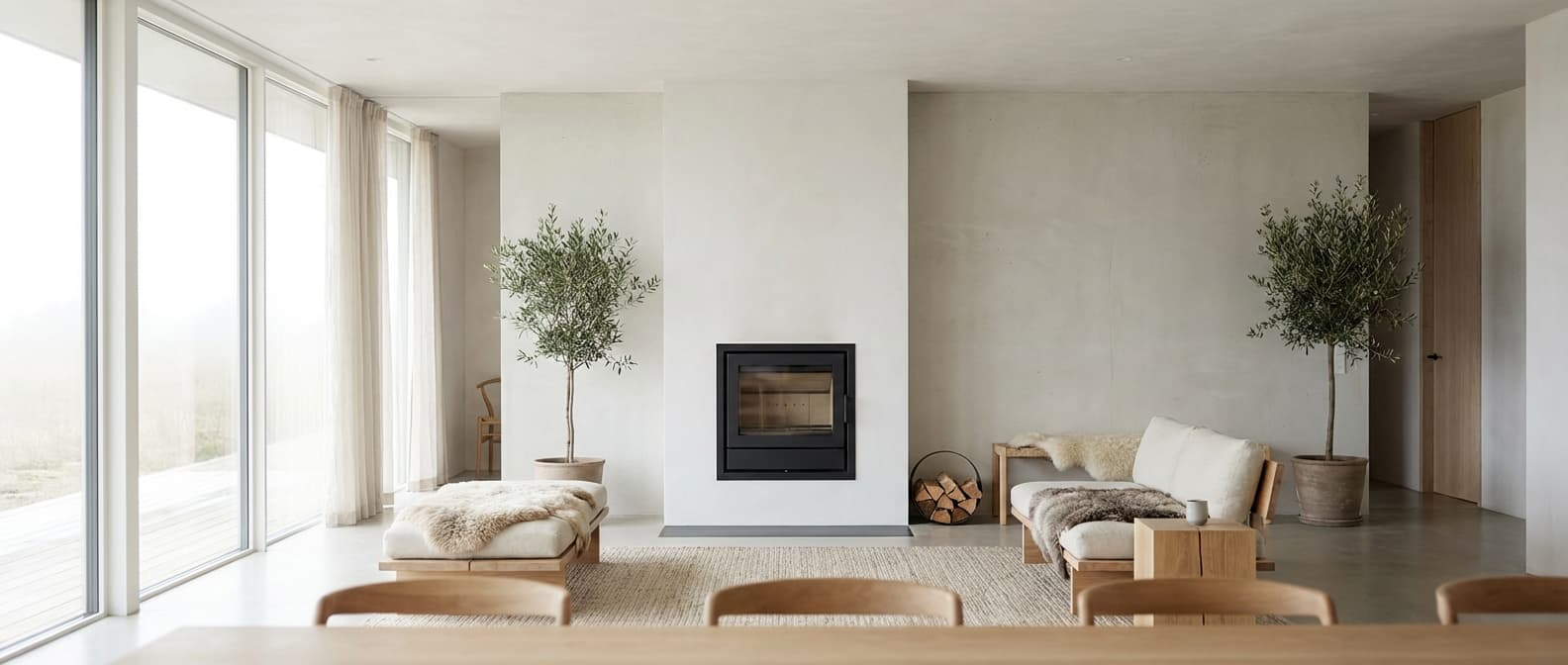 Un coffrage en placo design et minimaliste pour un conduit de poêle dans un salon moderne.