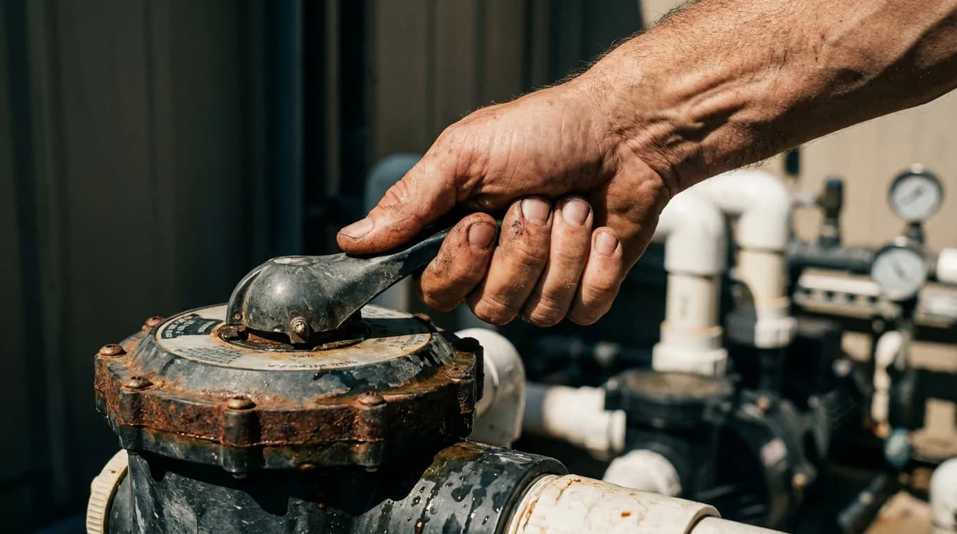 Main en action manipulant le levier de la vanne 6 voies dans un local technique