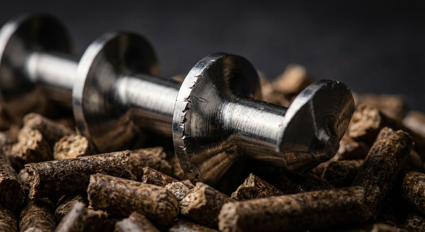 Pourquoi votre vis sans fin pellet est devenue bruyante Gros plan iconique sur une vis sans fin de chauffage et des granulés de bois