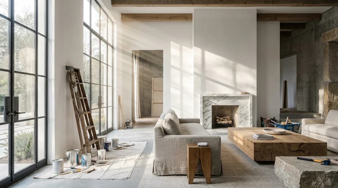 Rénovation Intérieure Harmonieuse Intérieur de salon moderne et lumineux en fin de rénovation avec échelle en bois et pots de peinture