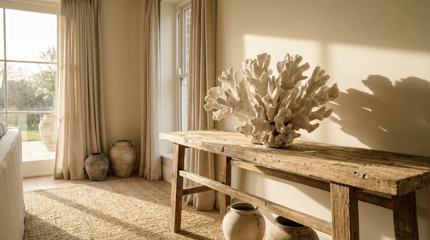 Corail mort blanchi en décoration d'intérieur Magnifique morceau de corail blanc nettoyé utilisé comme décoration sur une table en bois