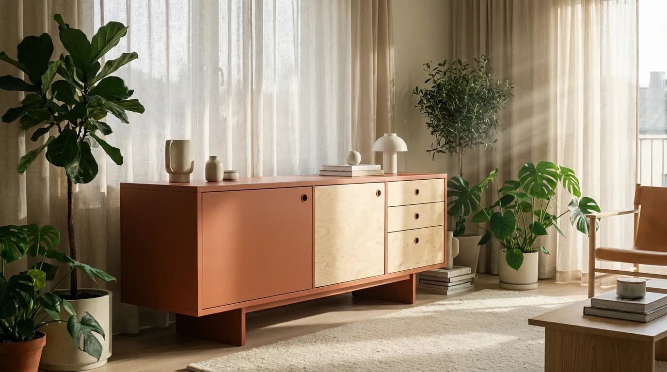 Rénovation meuble contreplaqué design salon Photo haute qualité d'un buffet en contreplaqué partiellement peint en terracotta dans un salon scandinave lumineux.
