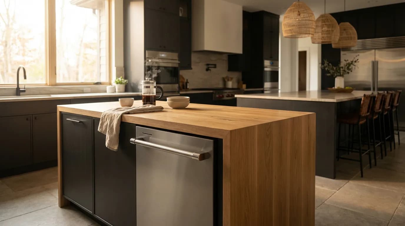 Intégration parfaite d'un plan de travail sur lave-vaisselle Cuisine moderne avec un plan de travail en bois installé au-dessus d'un lave-vaisselle encastrable