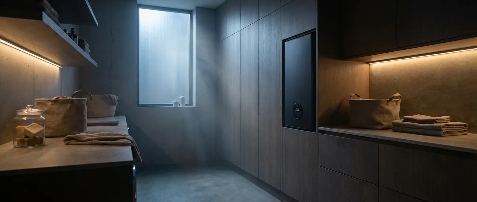 Diagnostic chauffe-eau et disjonction heures creuses 2026 Chauffe-eau moderne dans une buanderie de luxe éclairée par une douce lumière nocturne