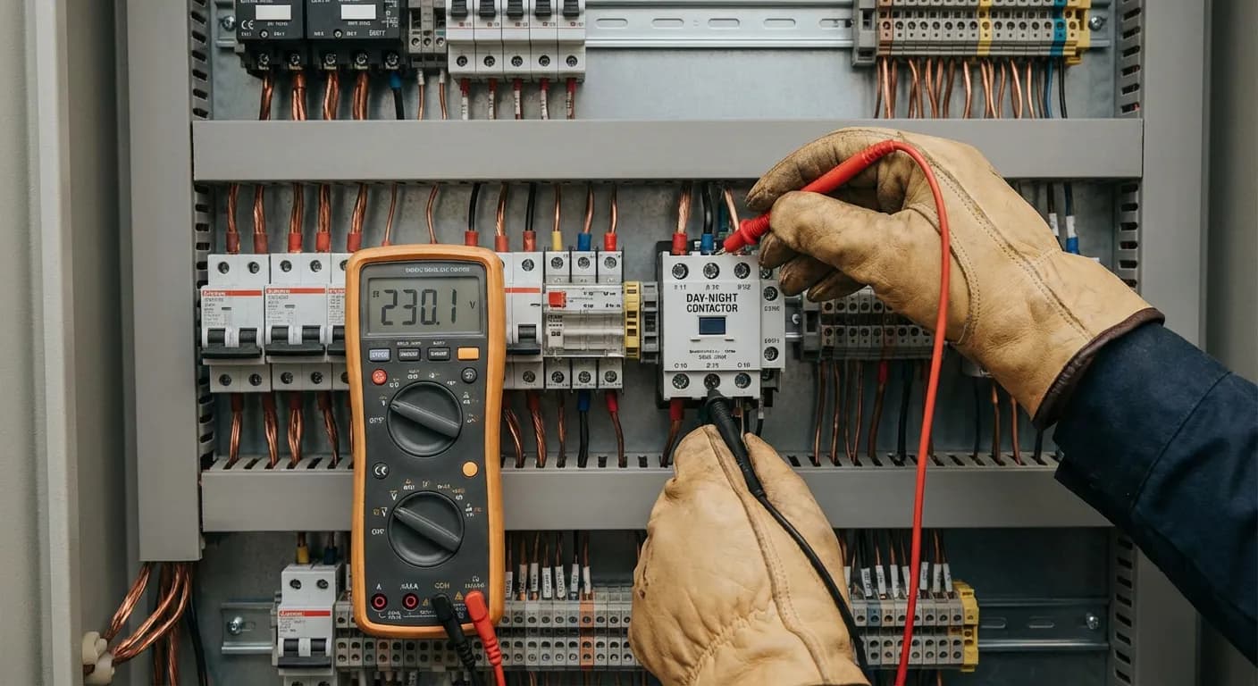 Vérification du câblage et du contacteur Expert vérifiant le contacteur jour-nuit d'une installation électrique