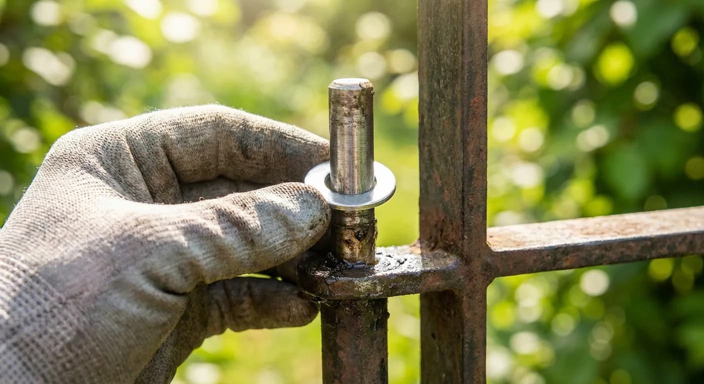 La technique des rondelles pour réhausser un portail Action précise d'insertion d'une rondelle en acier sur le gond d'un portail en fer