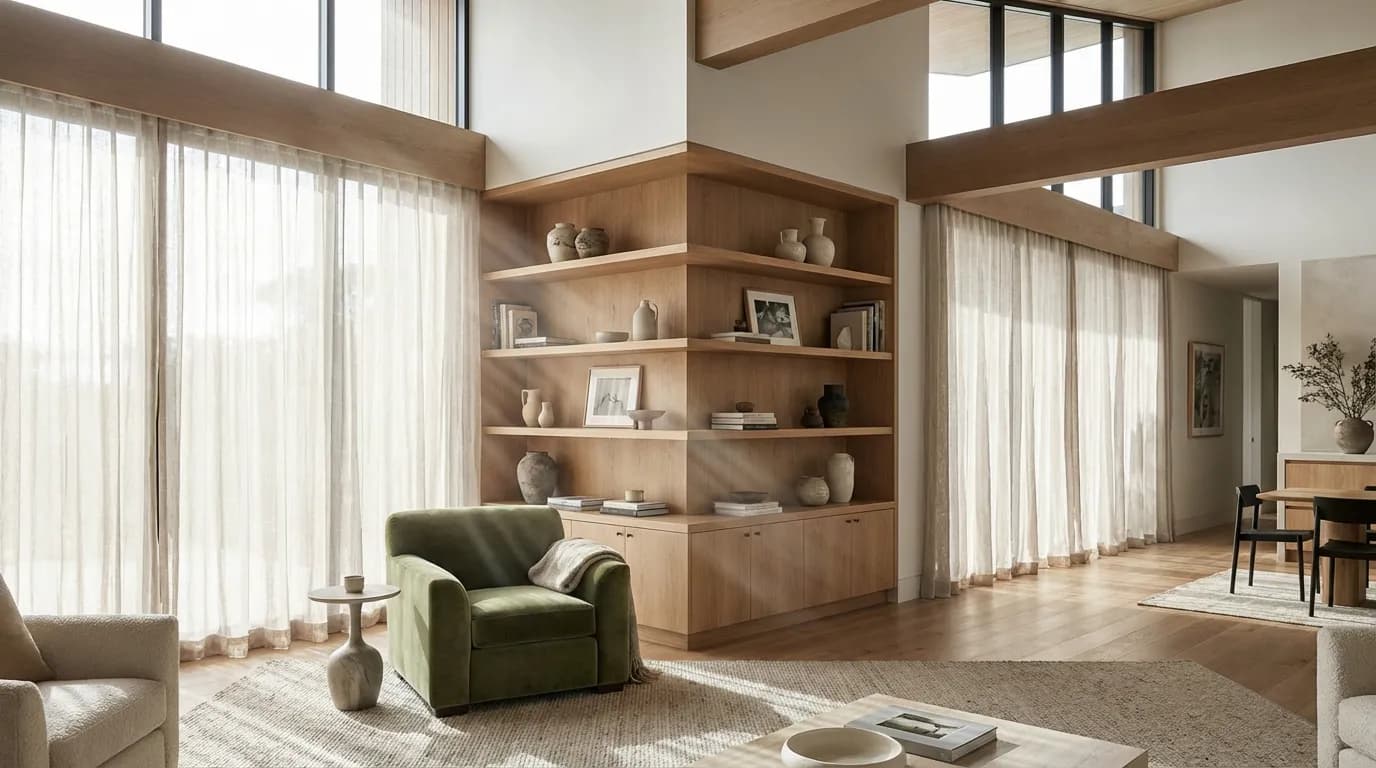 Salon design angle aigu Aménagement élégant d'un salon avec un angle aigu optimisé par des étagères sur mesure et un fauteuil